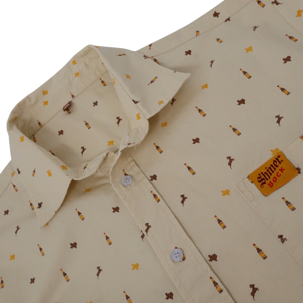 Shiner Bock Beer Mens Short Sleeve Button Down Shirt Texas Print Cream
